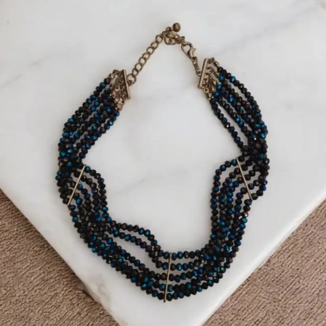 Vintage Choker Navy Blue Glass Beaded Multi Strand Necklace