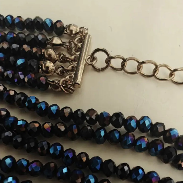 Vintage Choker Navy Blue Glass Beaded Multi Strand Necklace