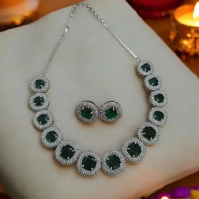 Semi Precious Emerald Diamond Jewellery Necklace Set with Earrings - Necklace